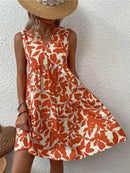 Women Boho Print Mini Dress Summer Elegant Sleeveless V Neck Ruffle A Line Tank Dress Casual Loose Oversize Beach Party Sundress