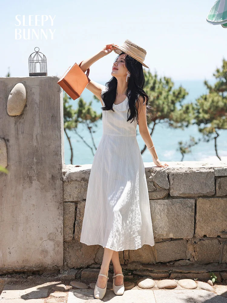 White Bow Jacquard Sundress Women Sweet Summer A-Line Dress with Tie Straps Petite Fit Flowy Midi Dress Cute Vacation Daily Wear