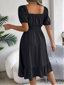 2024 New Fashion Solid Puff Sleeve Square Neck Ruched Bust Ruffle Hem Wasit Dress, Women's Clothing