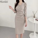 ZANZEA Summer Fashion Womens Dress Sexy Solid Color Knee Length Bodycon Sundress Elegant 3/4 Sleeve V-Neck Work OL Vestidos 2025