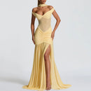 V-Neck Off Shoulder High Side Split Dress