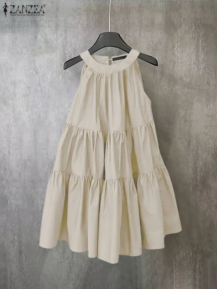 ZANZEA Summer Halter Sleeveless Tiered Dress Women Korean Ruffle Patchwork Robe 2024 Beach O-neck Loose Sundress Sweety Vestidos