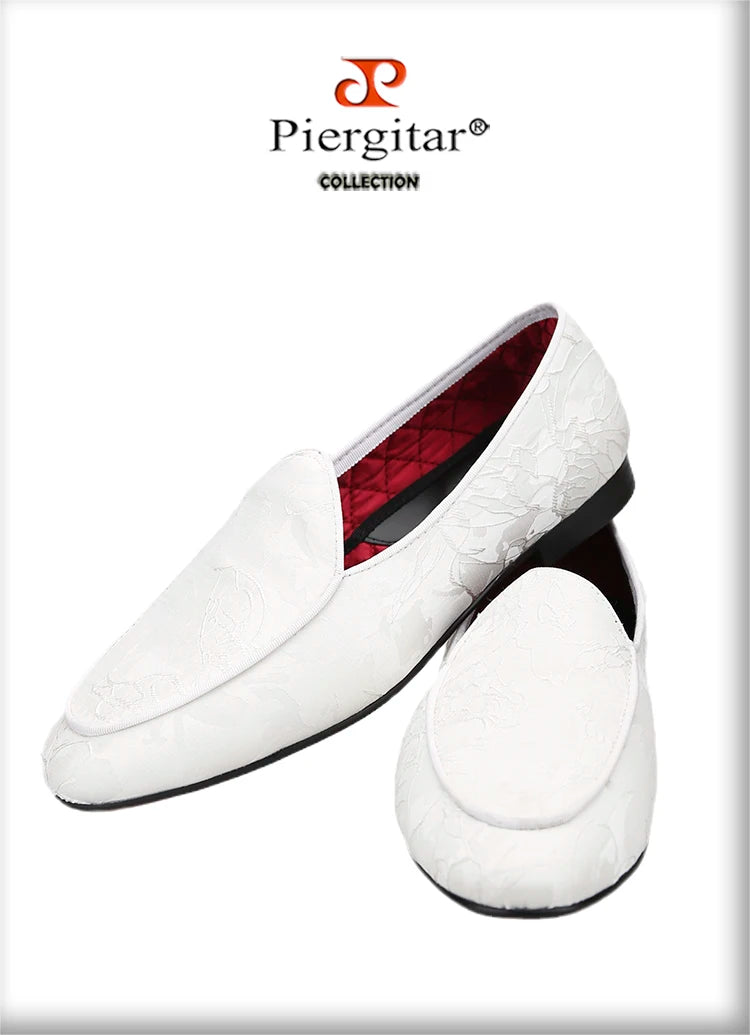 Piergitar 2022 New Black And White Color Three-Dimensional Thread Flower Silk Men's Loafers Handmade Moccasin For Party/Wedding