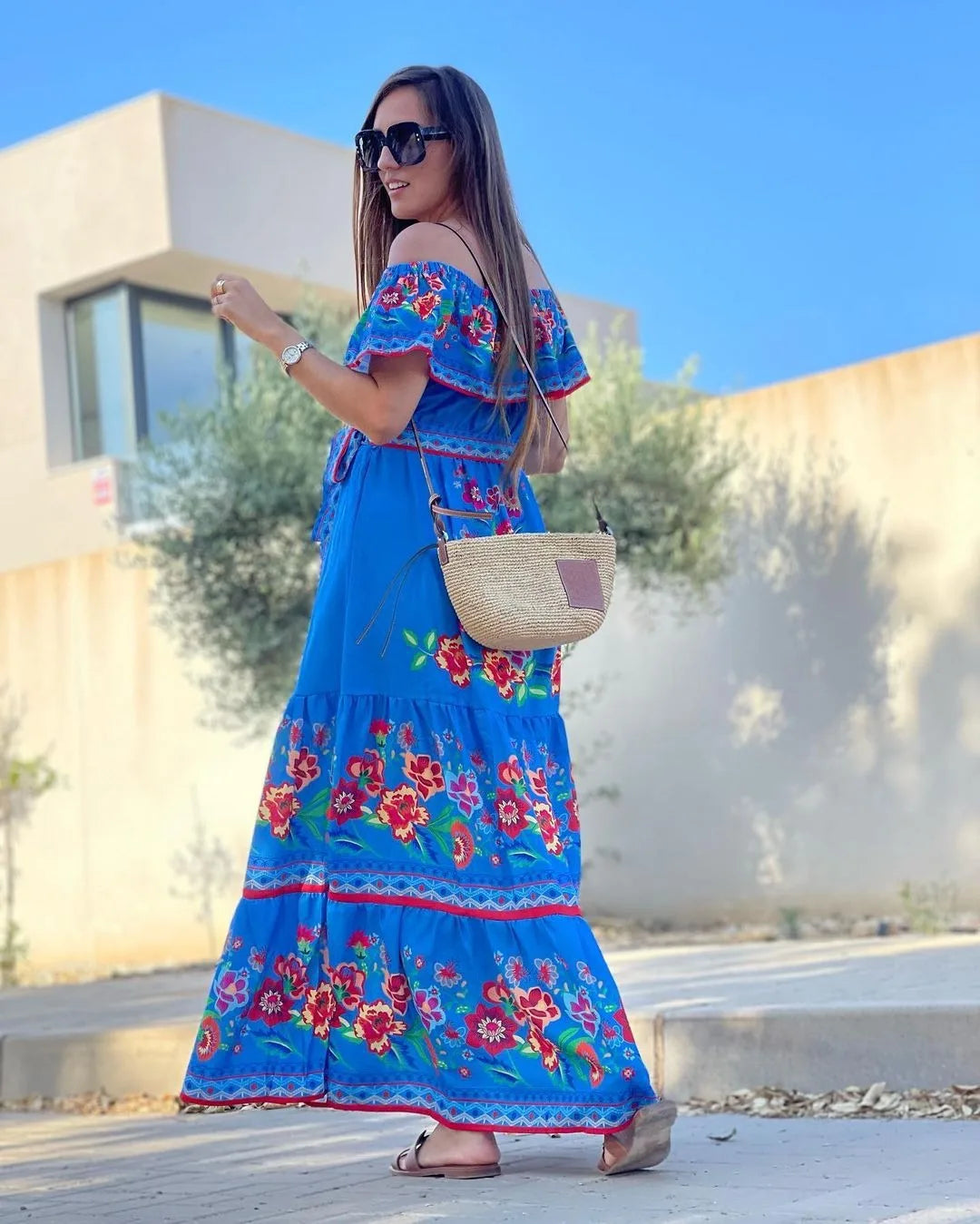 2024 Spring/Summer New Women Retro Fashion One Shoulder Red Flower Printed Waist Collection Long Style Large Swing Casual Dress