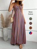 Women's Summer Ethnic Pattern Backless Split Thigh Dress Ladies Summer Clothes Boho Fashion Frill Trim Long Dress for Beach