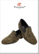 Piergitar 2024 Gold Crystals On Black Suede Slip-on Smoking Slippers Handmade Men's Loafers For Luxury Evening Party And Prom