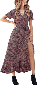 2025 Summer Women's Short-sleeved Dress V-neck Floral High Waist Slim and Stylish Bohemian Pleated Long Skirt