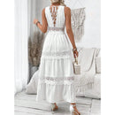 Women's Lace Stitching V-neck Sleeveless Dress High Waist White Ankle Length Sexy Long Dress