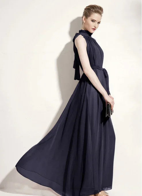 Sleeveless Chiffon Maxi Satin Long Silk Dress