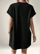 2025 European and American new casual solid color round neck bat sleeve invisible pocket loose short sleeved dress