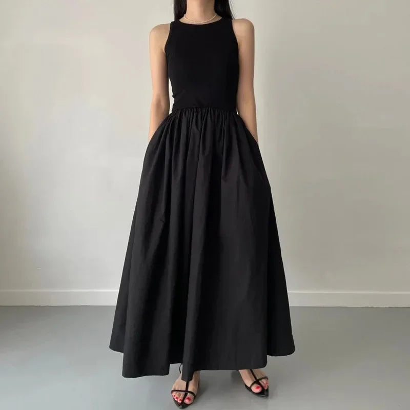 Simple Elegant Long Black Dresses For Woman Round Neck Sleeveless Low Waist