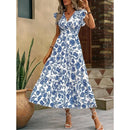 Fashion Women's All-Over Long Sleeved Printed V-neck Dress Comfortable Ankle Length Dress