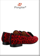 Piergitar Red And Black Animalier-Printed Superior Velvet Slippers With Handmade Silk Fringed Tassels Slip-On Men's Loafers