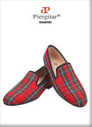 Piergitar 2023 New Red And Green Classic Scottish Plaid Men's Loafers For Party Handmade Slip-On Moccasins Leather Insole