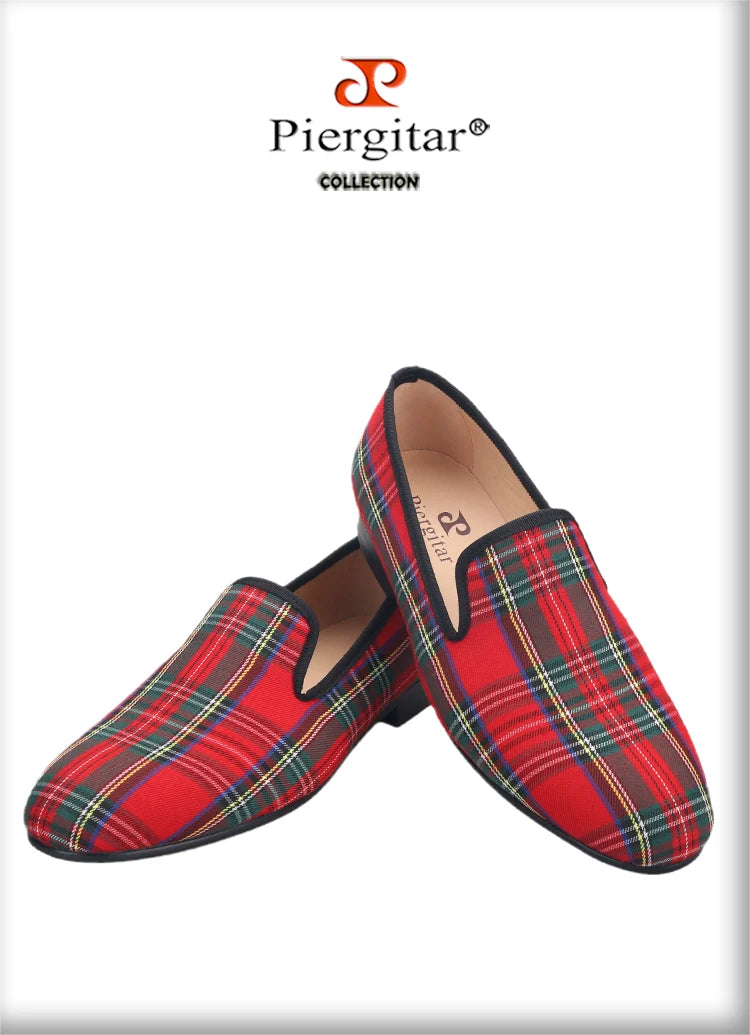 Piergitar 2023 New Red And Green Classic Scottish Plaid Men's Loafers For Party Handmade Slip-On Moccasins Leather Insole