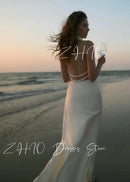 Backless Pearl Halter Ivory Satin Dress