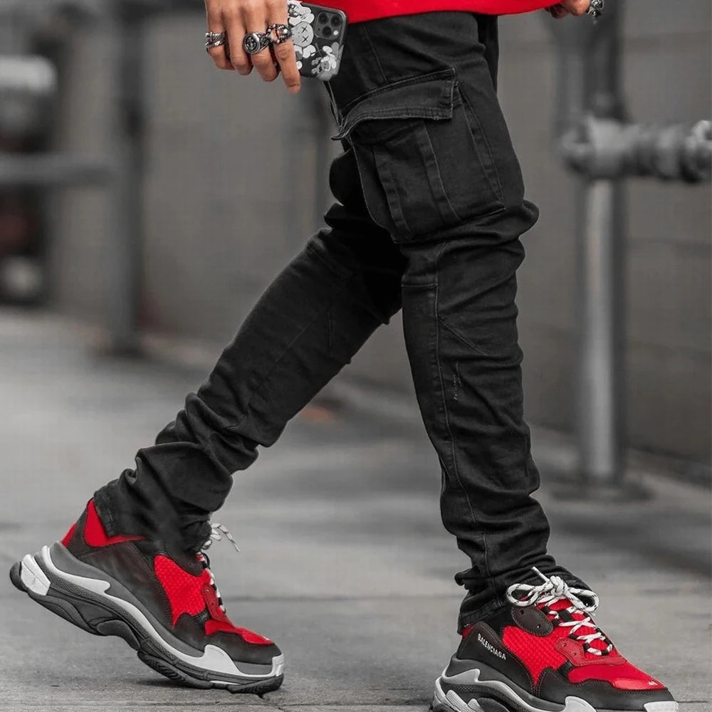 Men Solid Color Multi Pockets Casual Mid Waist Trousers