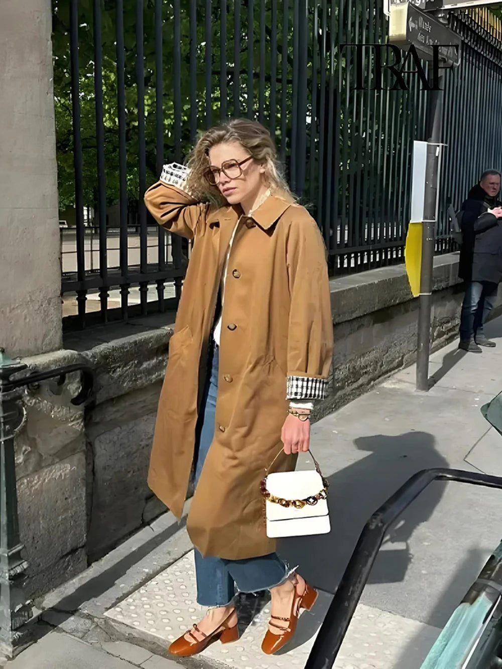 TRAF Women's Fashion Long Trench Coat Retro Loose Single-breasted Coat Autumn and Winter Lapel High Street Temperament Coat