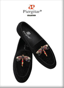Piergitar 2022 Handmade Rhinestone Sequin Dragonfly Embroidered Patch Men's Loafers British Style Retro Moccasins Slip-On Shoes