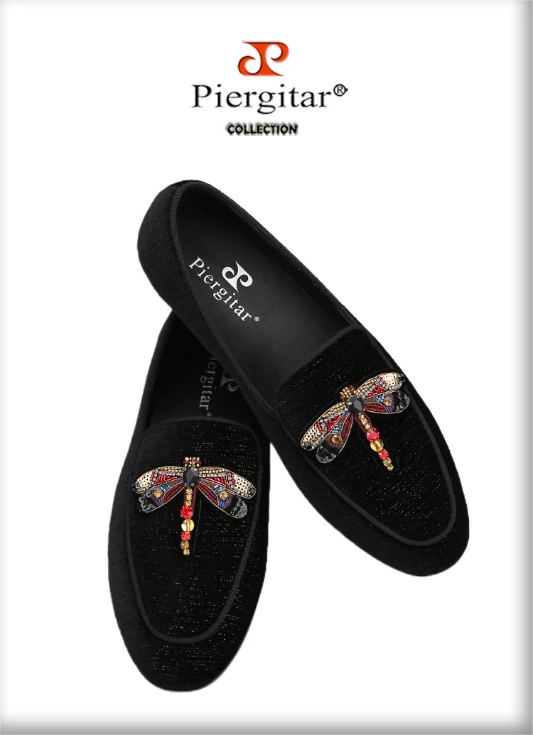 Piergitar 2022 Handmade Rhinestone Sequin Dragonfly Embroidered Patch Men's Loafers British Style Retro Moccasins Slip-On Shoes
