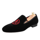 New Style Black Velvet Moccasins Embroidered Skull Design Slip-On Smoking Shoes for Men