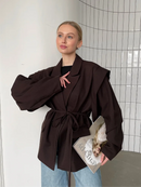Trendy Lace-up Waist Cinching Blazer Woman Casual V-neck Solid Office Outerwear 2025 Autumn New Commute Long Sleeve Short Coats