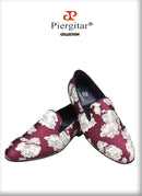 Piergitar 2022 New Arrival Purple Jacquard Fabric With White Fowers Handmade Men Loafers Party And Prom Male Flats Plus Size