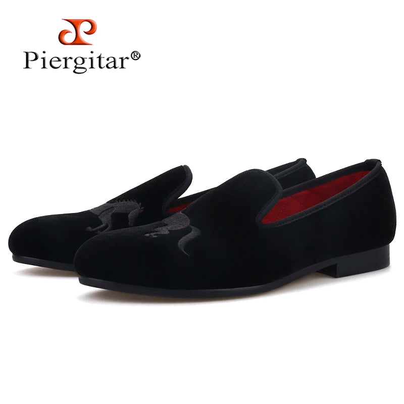 Piergitar High Level Customization Black Velvet Men's Loafers For Party Handmade Horse Embroidery Slip-On Man Smoking Slippers