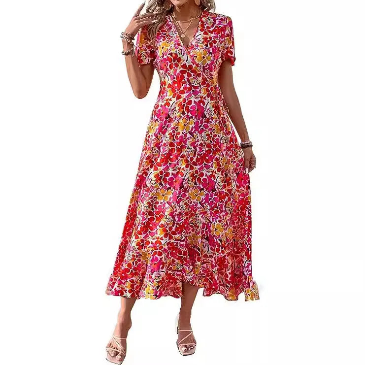 2025 Summer Women's Short-sleeved Dress V-neck Floral High Waist Slim and Stylish Bohemian Pleated Long Skirt