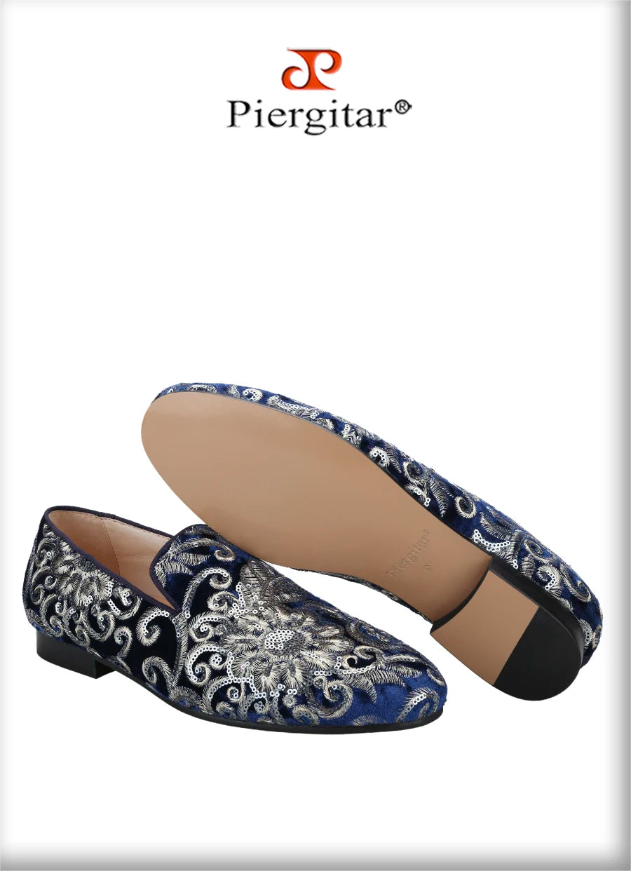 Piergitar Handmade Paisley Pattern Bling Men Velvet Shoes For Party And Wedding Superglamourous Brand Same Model Slip-On Loafers
