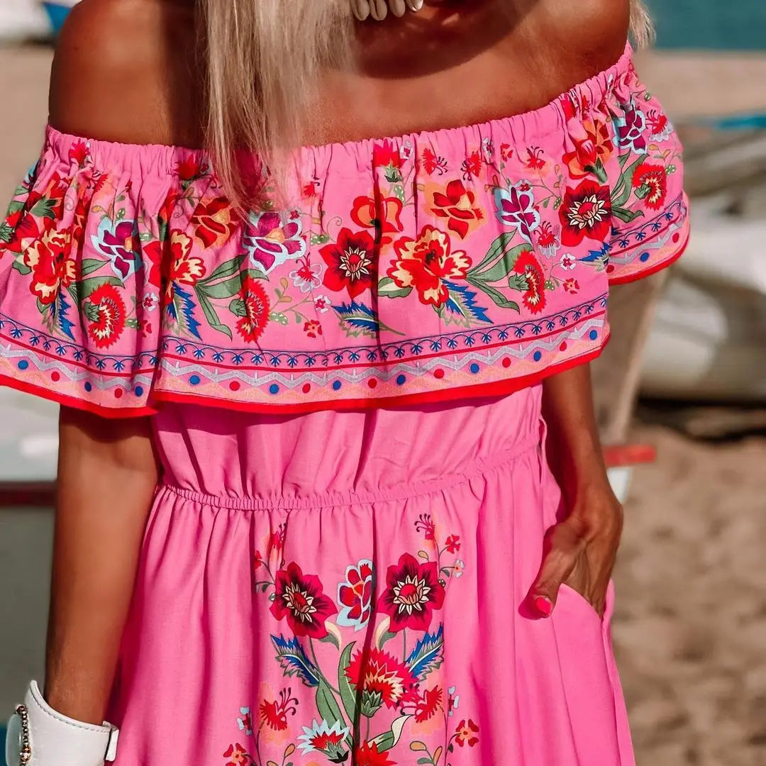 2024 Spring/Summer New Women Retro Fashion One Shoulder Red Flower Printed Waist Collection Long Style Large Swing Casual Dress