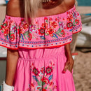 2024 Spring/Summer New Women Retro Fashion One Shoulder Red Flower Printed Waist Collection Long Style Large Swing Casual Dress