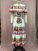 2024 Spring/Summer New Women Retro Fashion One Shoulder Red Flower Printed Waist Collection Long Style Large Swing Casual Dress