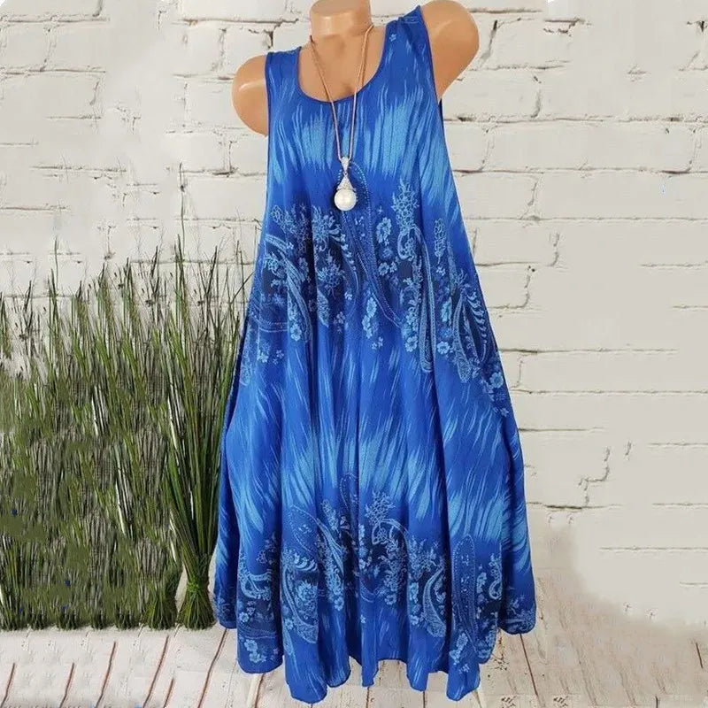 Elegant Floral Printed Lace Stitching O-Neck Sleeveless Women Summer Loose Tank Dress 2024