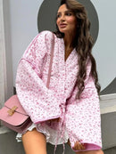 Floral Printed Women's Cardigan Cute Lace up Pink Women Coat Casual Loose Autumn Warm Coats Fashion New Ladies Coats Outerwear