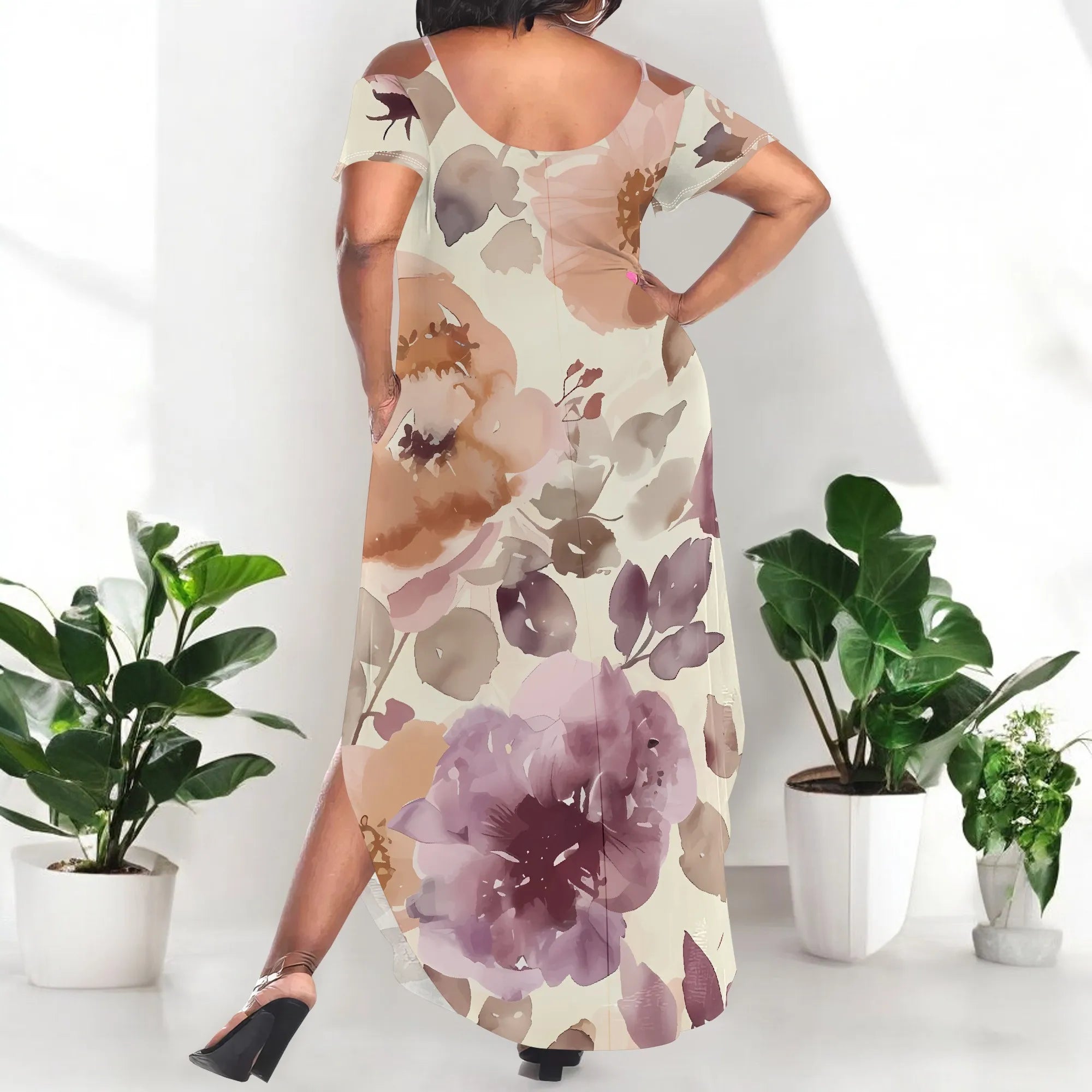 Plus Size Off Shoulder Spaghetti Strap Maxi Dress Summer Casual Watercolor Floral Print Loose Beach Dress with Pockets