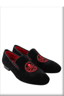 New Style Black Velvet Moccasins Embroidered Skull Design Slip-On Smoking Shoes for Men