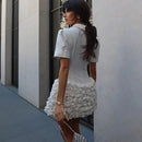 Short Sleeve White Dress with 3D Flower Women's Lapel Button Pleat Neck