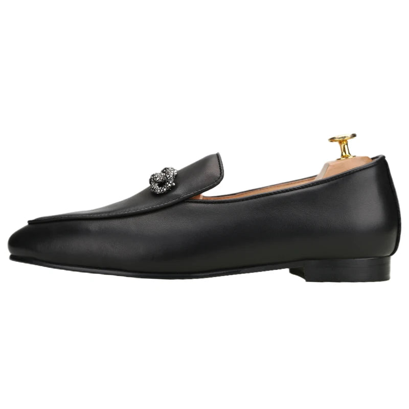 New Style Men's Loafers with Rhinestone Buckles for Weddings and Parties Handmade Genuine Leather Smoking Shoes