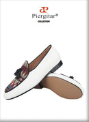 Piergitar Brand 2023 White Cotton Canvas Of Paisley Pattern Men's Loafers Fashion Party Handmade Leahter Tassel Shoes Plus Size