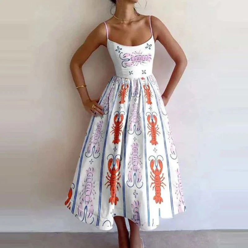 Women's Party Dresses with Sleeveless Low Cut A-line Dresses and Spaghetti Straps in Trendy Prints