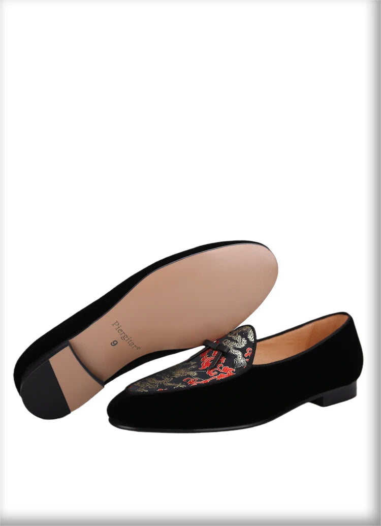 New Black Velvet Thread Dragon Print Satin Belgian Loafers for Men with Leather Tie Handcrafted Moccasin