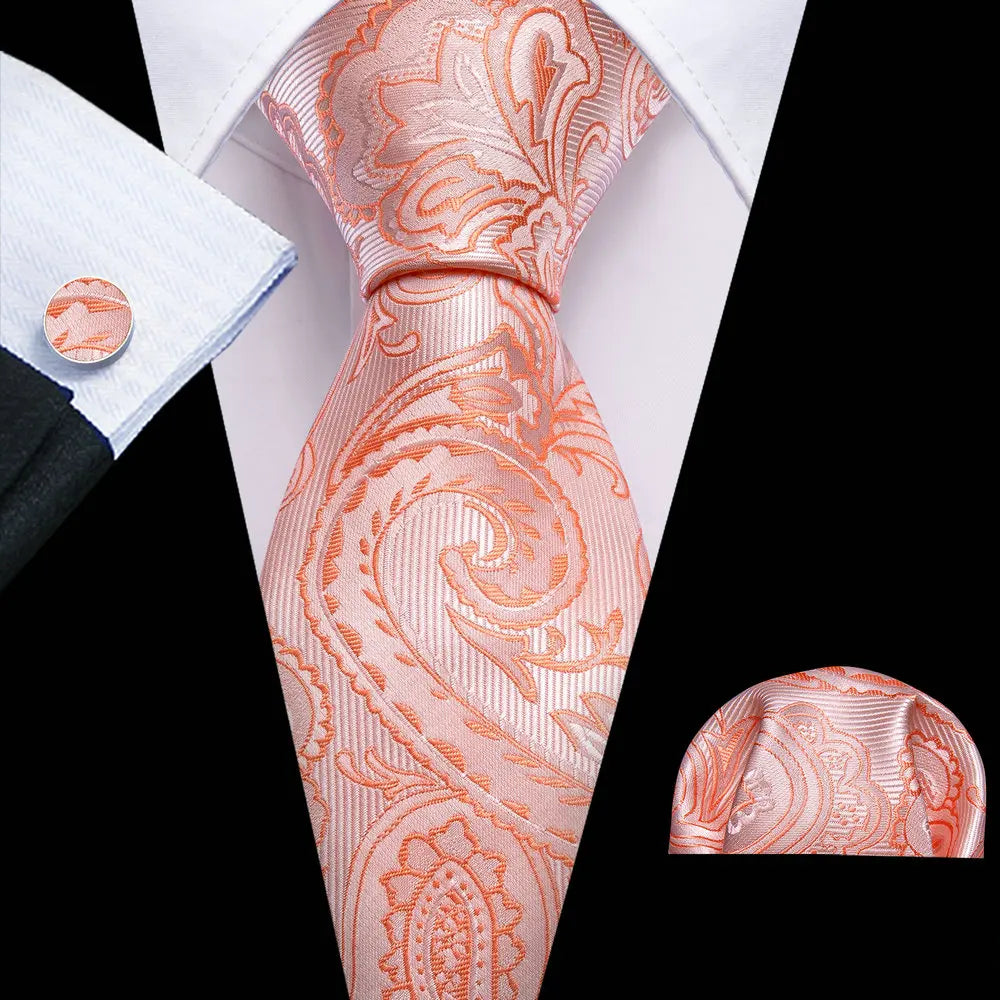 Peach Pink Wedding Ties For Men Exquisite Paisley Silk Pocket Square Cufflink Sets Fashion Woven Suit Necktie Groom Barry.Wang