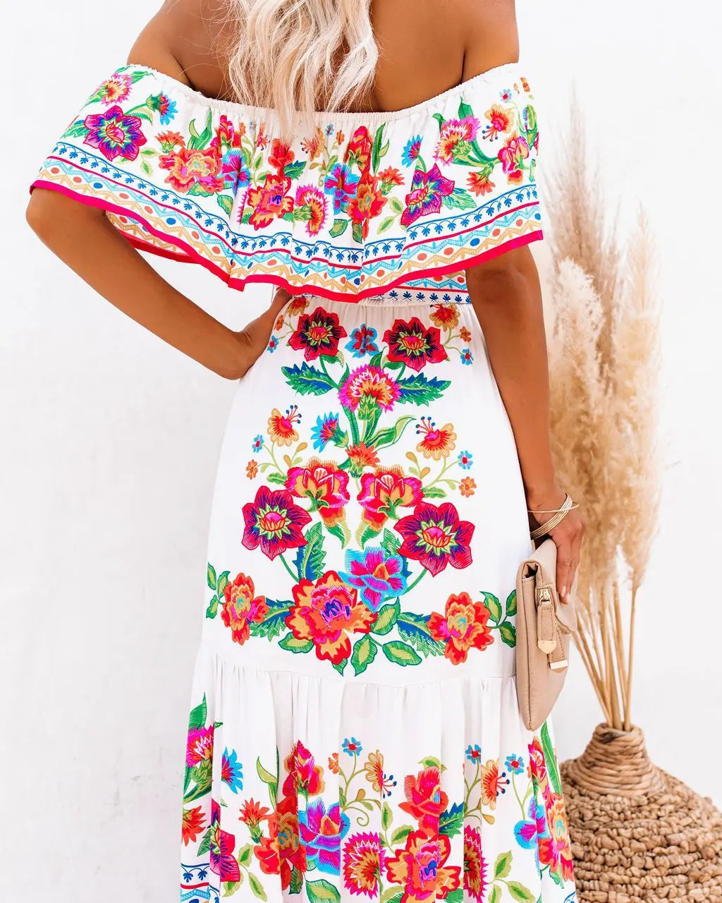 2024 Spring/Summer New Women Retro Fashion One Shoulder Red Flower Printed Waist Collection Long Style Large Swing Casual Dress