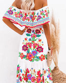 2024 Spring/Summer New Women Retro Fashion One Shoulder Red Flower Printed Waist Collection Long Style Large Swing Casual Dress