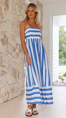 Spring And Summer Striped Vest Backless Large Swing New Dress For Women, Collarless And Sleeveless Oversized Swing Dress