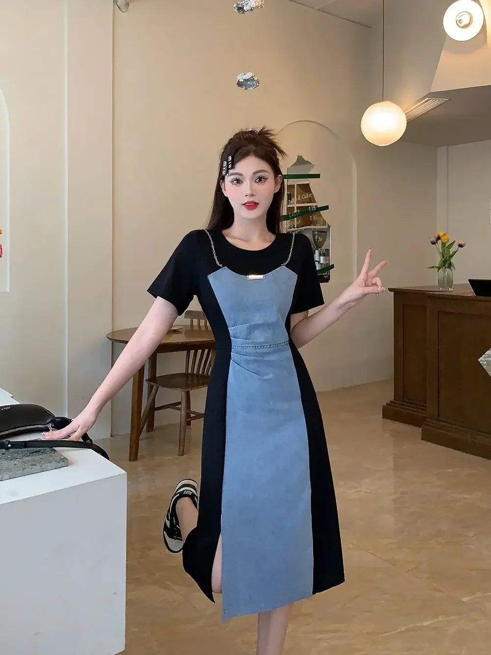 Midi Denim Women Dress Split Sleeve