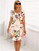 2025 Spring Chic Floral Print Chiffon Dress Woman Elegant Crew Neck Tierred Pleated Dress Summer Short Sleeve A-Line Party Dress