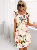 2025 Spring Chic Floral Print Chiffon Dress Woman Elegant Crew Neck Tierred Pleated Dress Summer Short Sleeve A-Line Party Dress