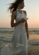 Backless Pearl Halter Ivory Satin Dress